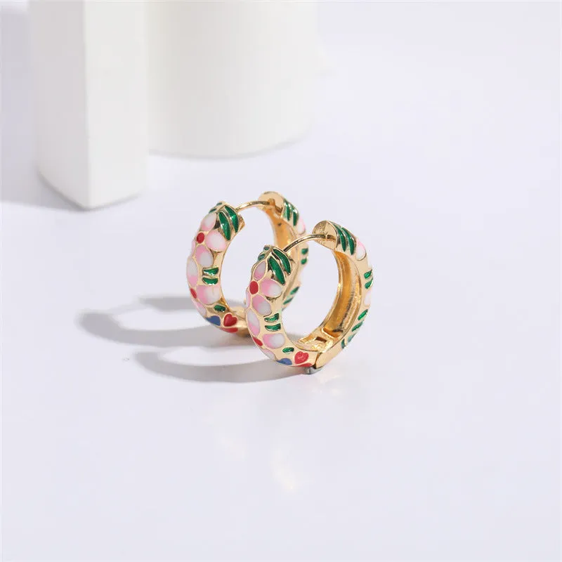 Wholesale Flower Oil Dripping Silver Needle Color Enamel 14K Real Gold Earrings