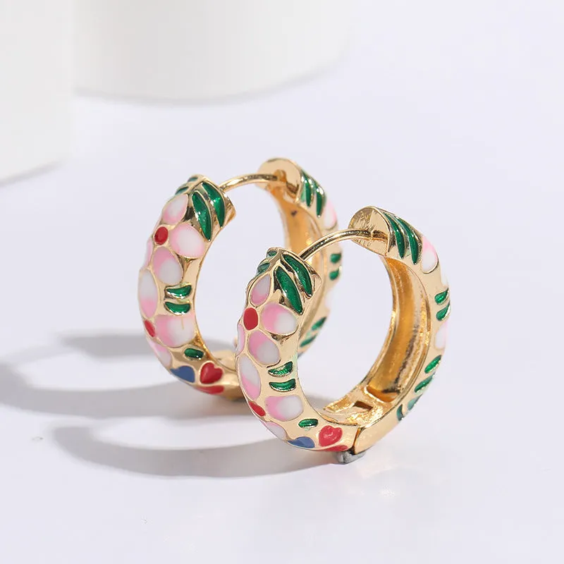 Wholesale Flower Oil Dripping Silver Needle Color Enamel 14K Real Gold Earrings
