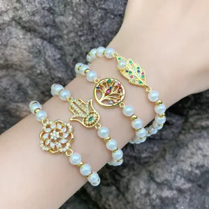 Wholesale Flower Pearl Hand Tree of Life Copper Bracelet
