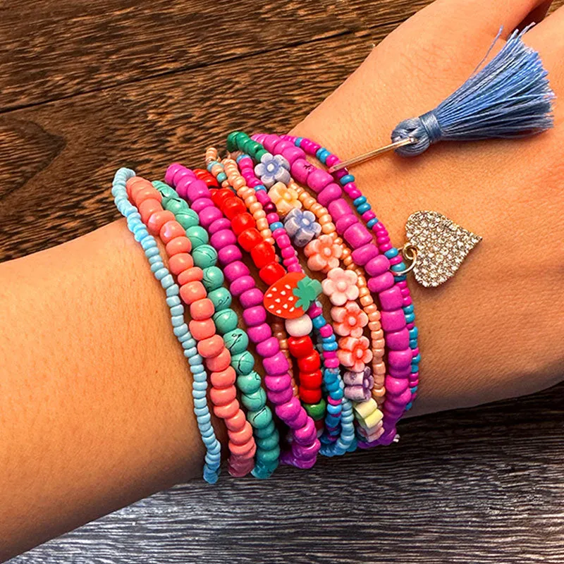 Wholesale Folded Wind Strawberry Bracelet Hand-woven Rice Bead Fringe Elastic Bracelet