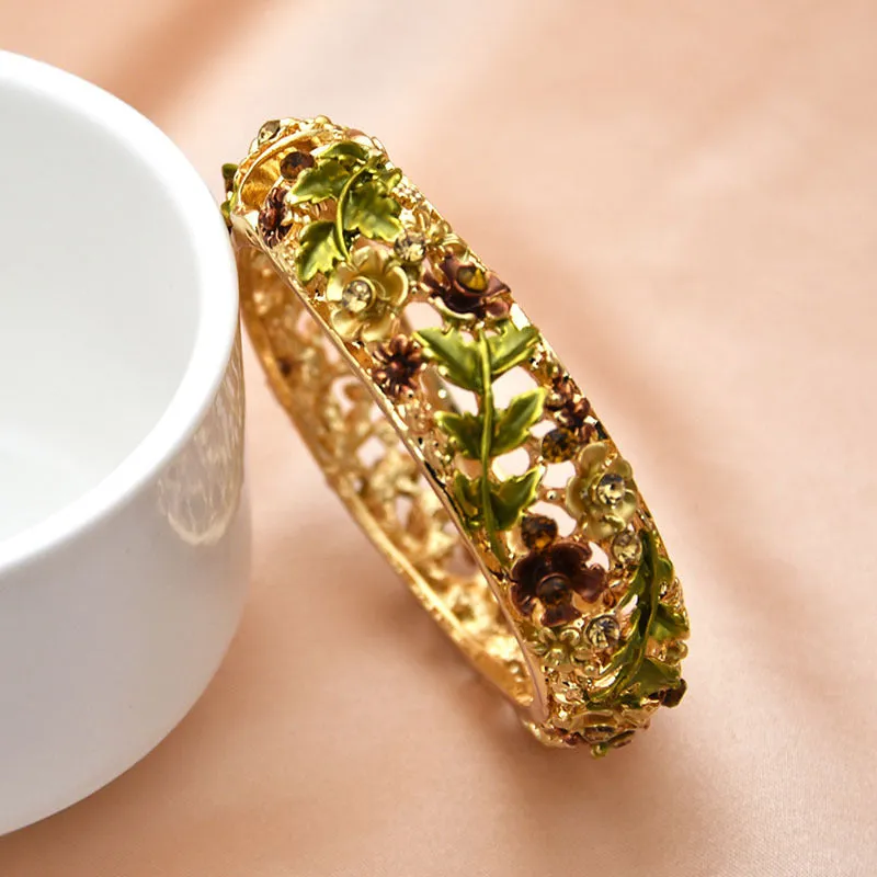 Wholesale foreign trade jewelry retro rose diamond hollow alloy cloisonne antique painted bracelet