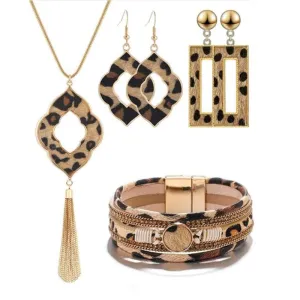 Wholesale Four Leaf Clover Horsehair Leopard Tassel Long Earring Bracelet Set