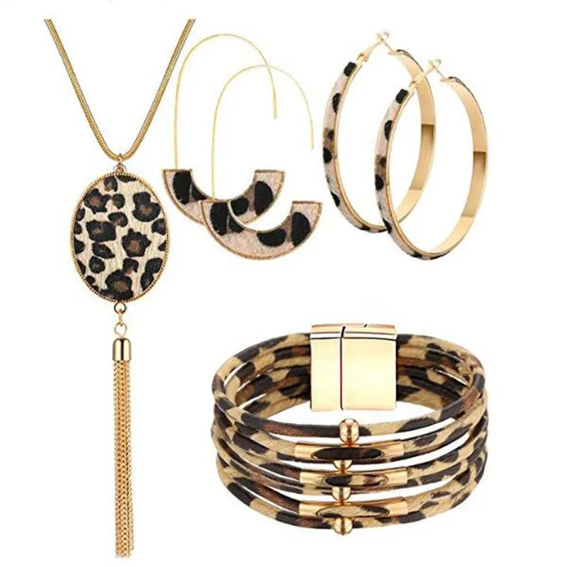Wholesale Four Leaf Clover Horsehair Leopard Tassel Long Earring Bracelet Set