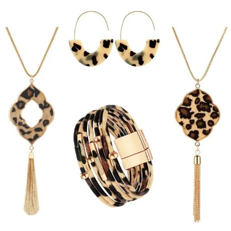 Wholesale Four Leaf Clover Horsehair Leopard Tassel Long Earring Bracelet Set