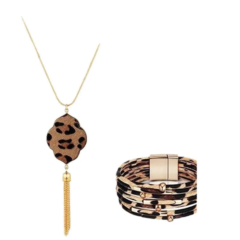 Wholesale Four Leaf Clover Horsehair Leopard Tassel Long Earring Bracelet Set