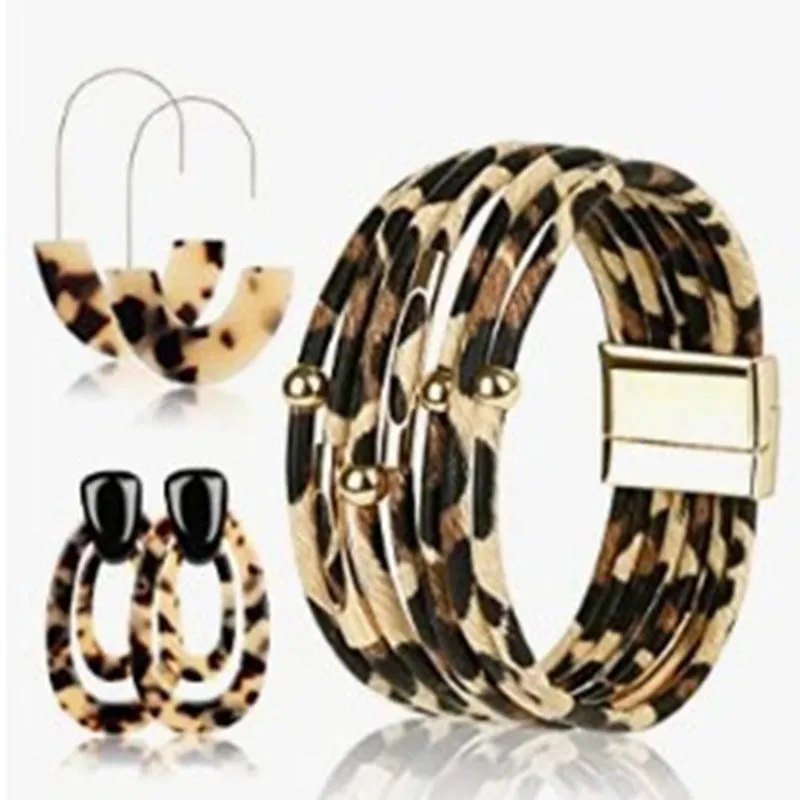 Wholesale Four Leaf Clover Horsehair Leopard Tassel Long Earring Bracelet Set