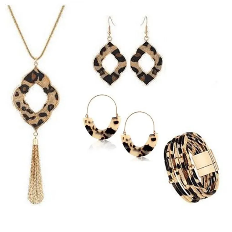 Wholesale Four Leaf Clover Horsehair Leopard Tassel Long Earring Bracelet Set