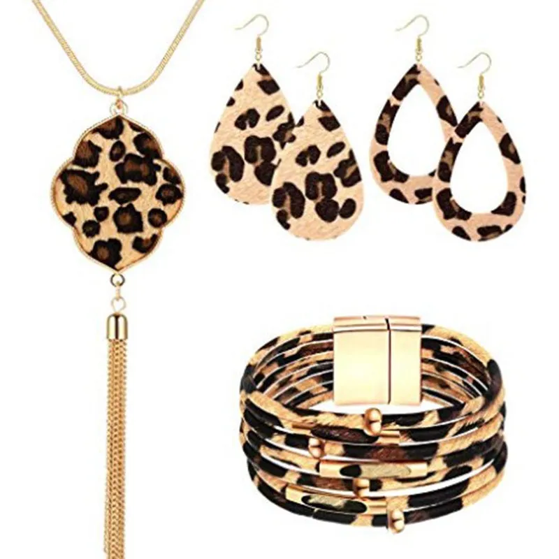 Wholesale Four Leaf Clover Horsehair Leopard Tassel Long Earring Bracelet Set