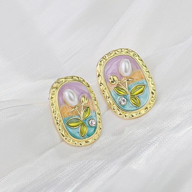 Wholesale French Retro Vintage Flower Pearl Earrings