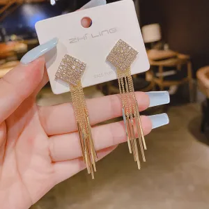 Wholesale French style personalized inlaid super shiny full diamond claw chain tassel long versatile earrings