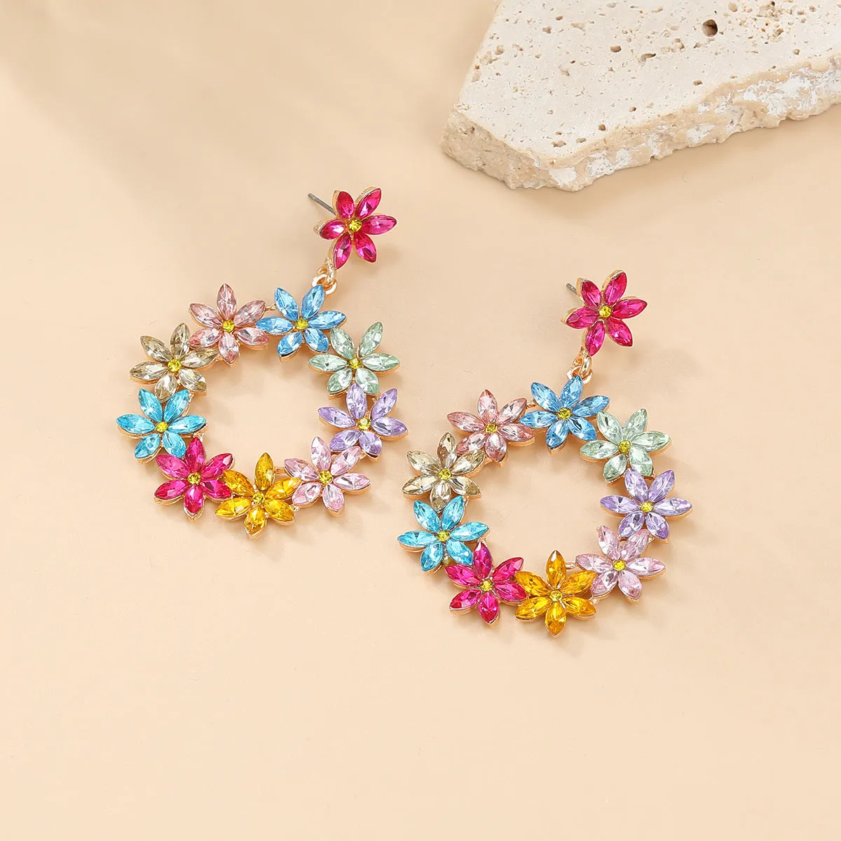 Wholesale Full Color Diamond Flower Round Earrings