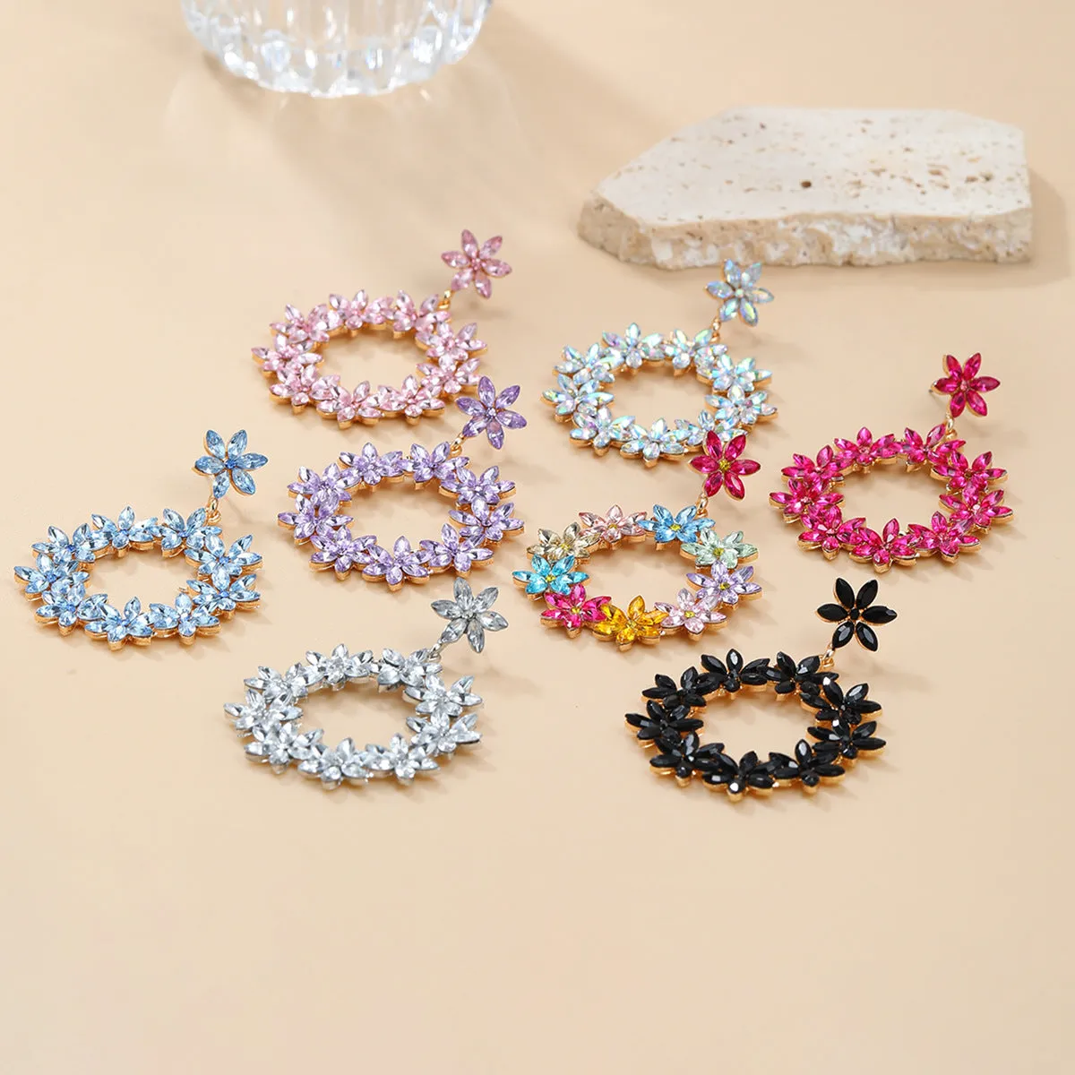 Wholesale Full Color Diamond Flower Round Earrings