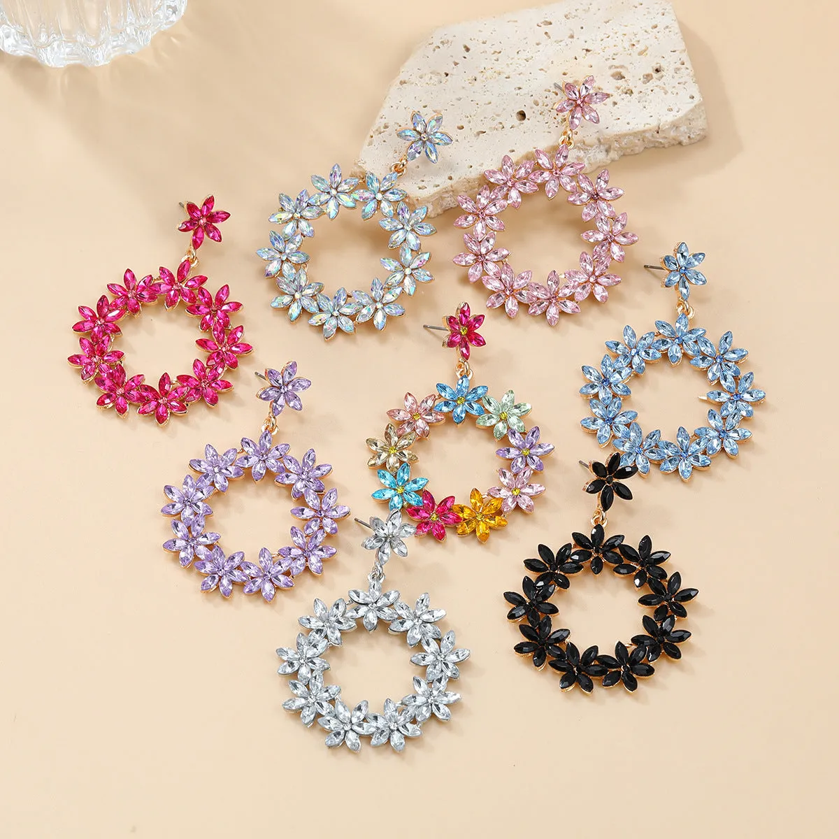 Wholesale Full Color Diamond Flower Round Earrings