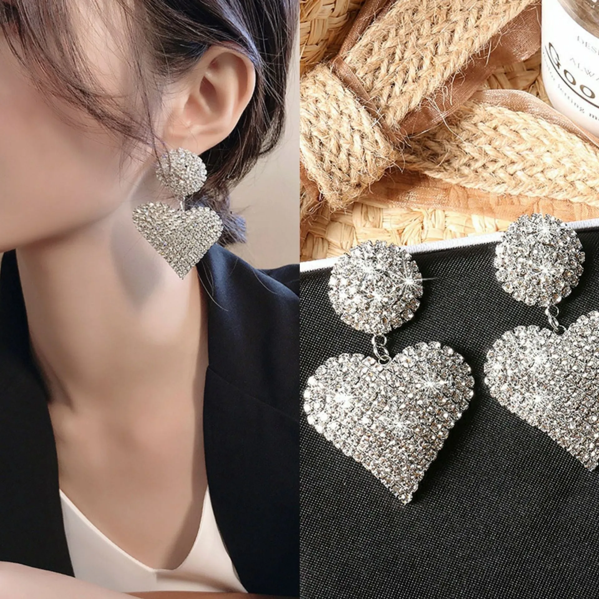 Wholesale Full diamond heart earrings peach heart earrings exaggerated earrings