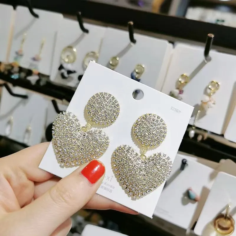Wholesale Full diamond heart earrings peach heart earrings exaggerated earrings