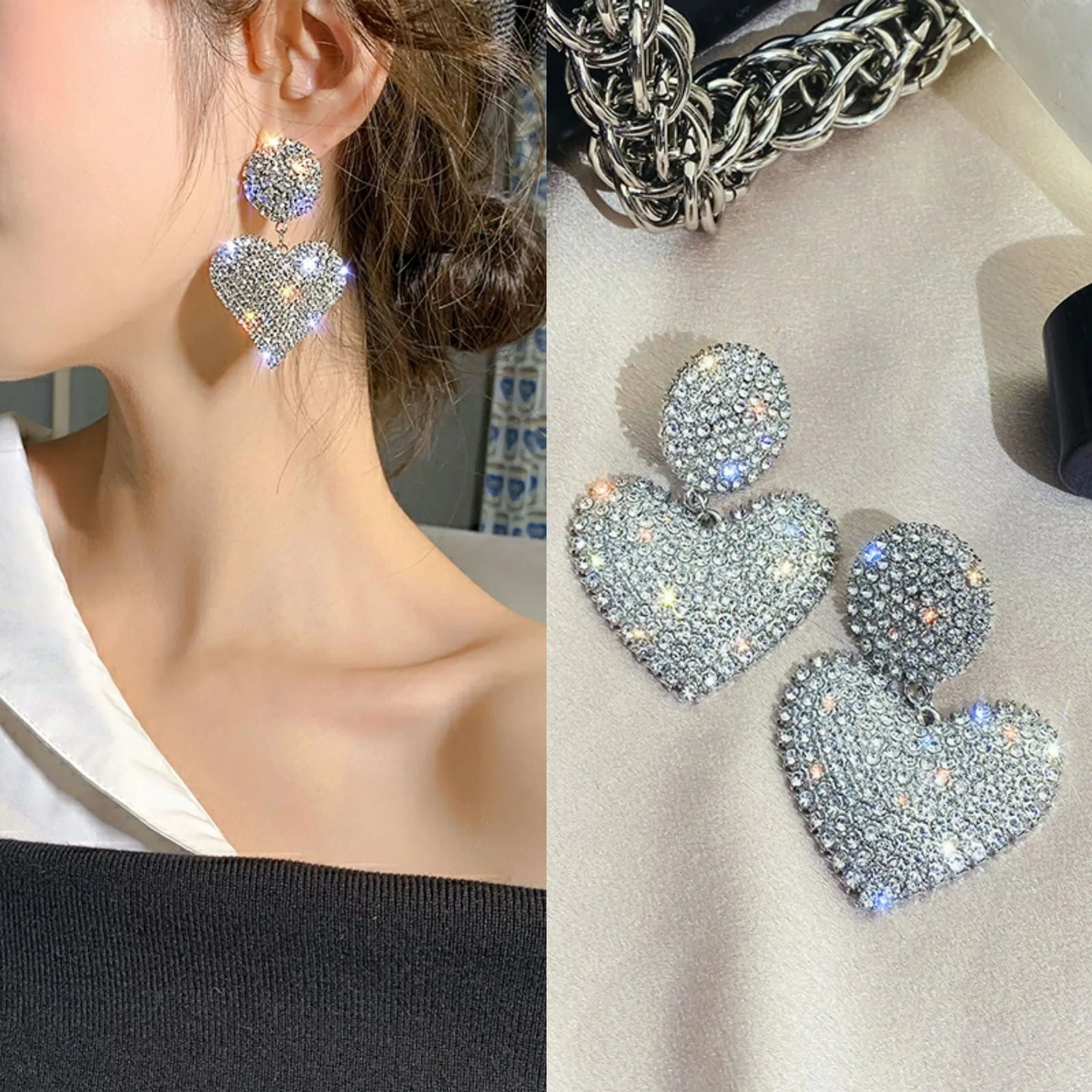 Wholesale Full diamond heart earrings peach heart earrings exaggerated earrings