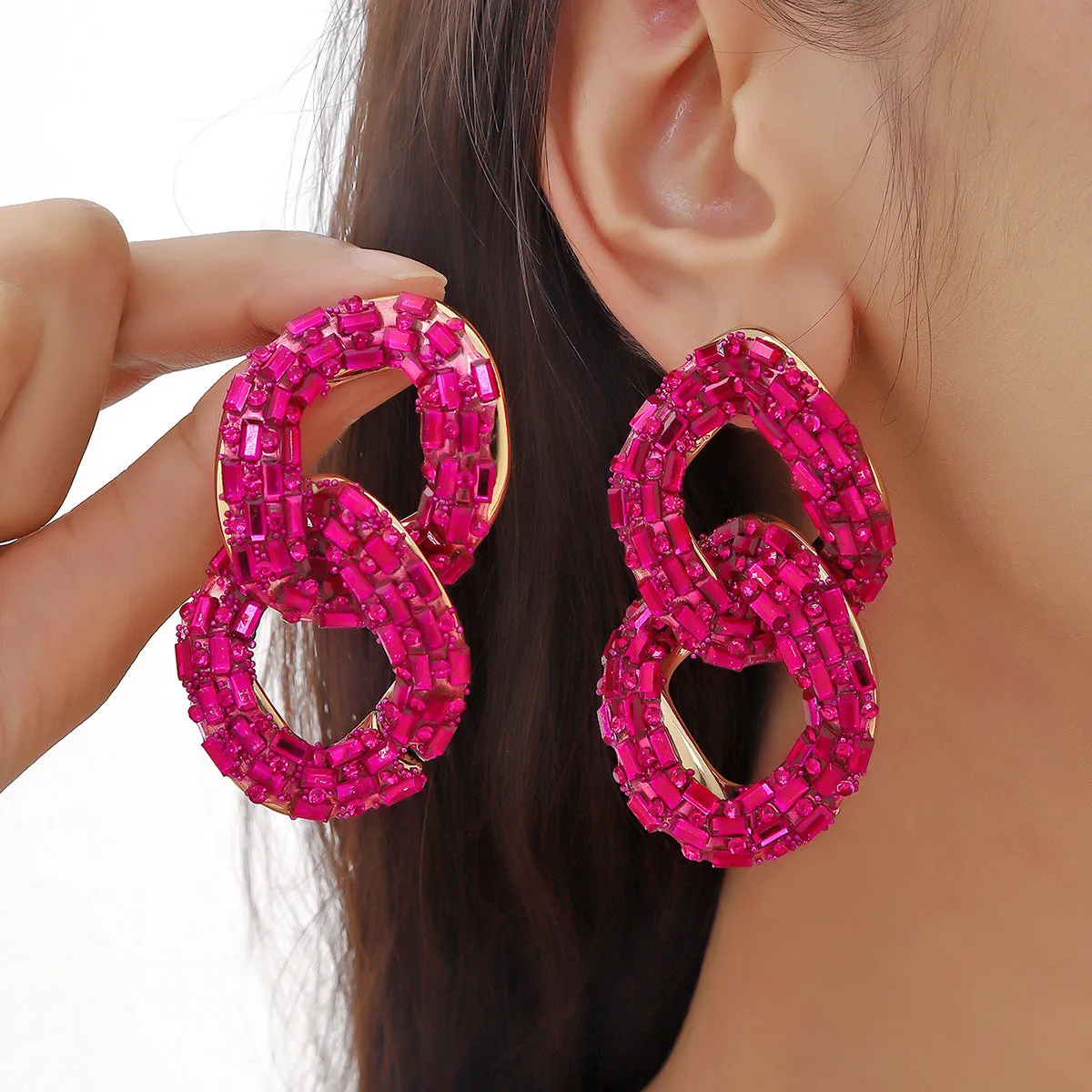 Wholesale Full Diamond Shiny Chain Shaped Metal Earrings