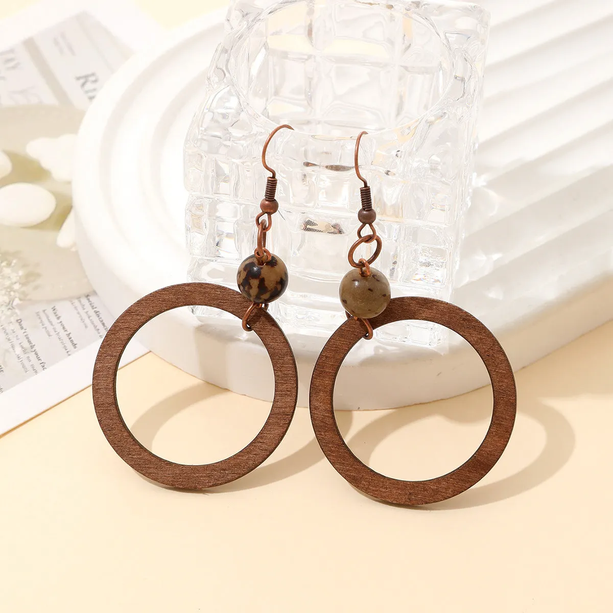 Wholesale Geometric Exaggerated Hollow Round Wooden Earrings