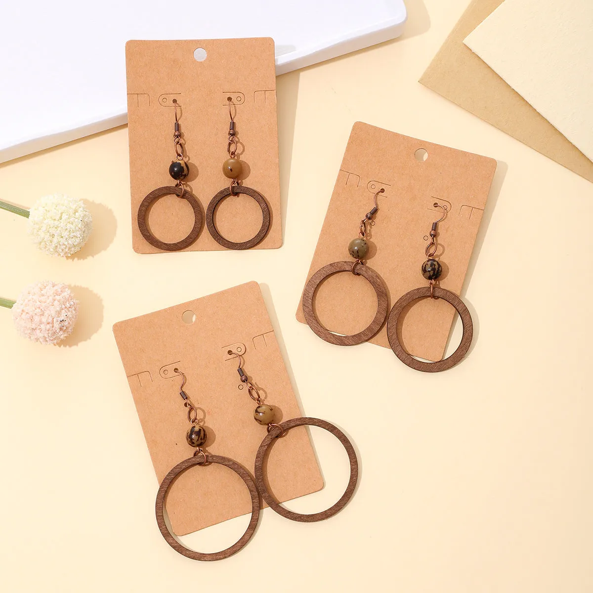 Wholesale Geometric Exaggerated Hollow Round Wooden Earrings