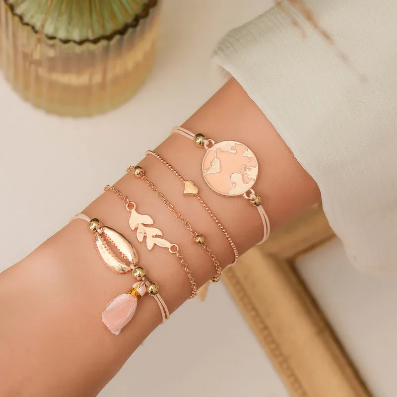 Wholesale Geometric Map Beads Shell Tassel Alloy Bracelet