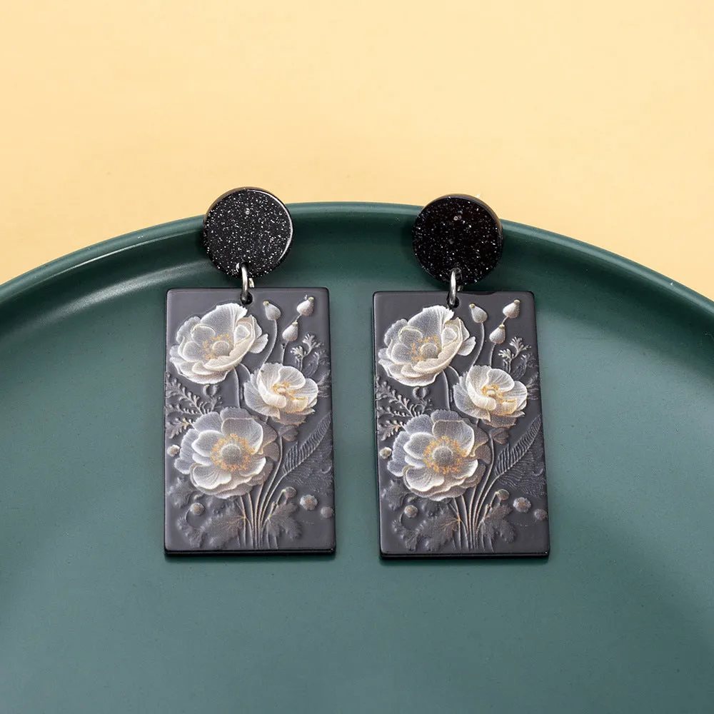 Wholesale Geometric Rectangular Poppy Flowers 3D Printed Vintage Acrylic Earrings
