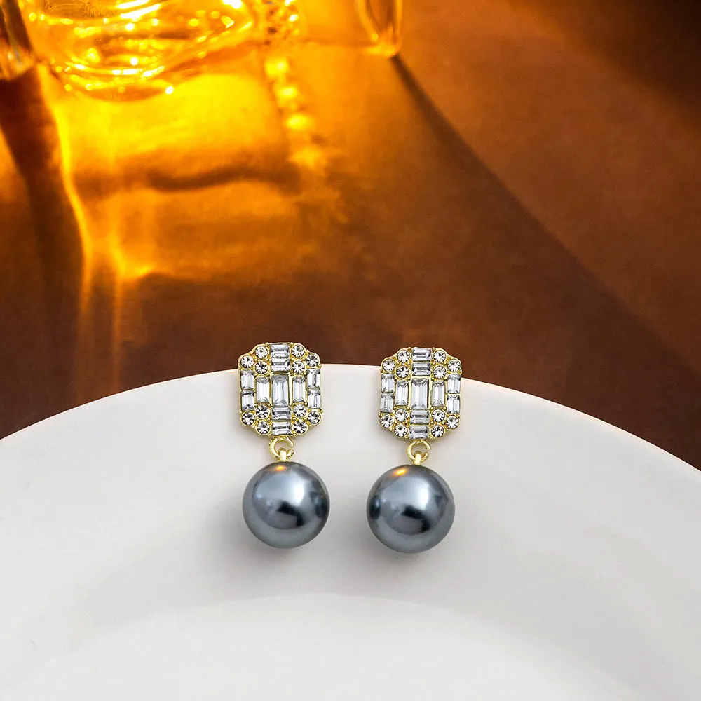 Wholesale Geometric Square Diamond Inlaid Pearl Alloy Earrings