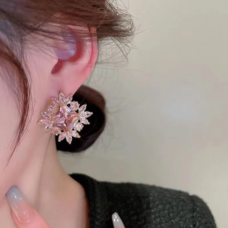 Wholesale Geometric Square Full Diamond Flower Earrings
