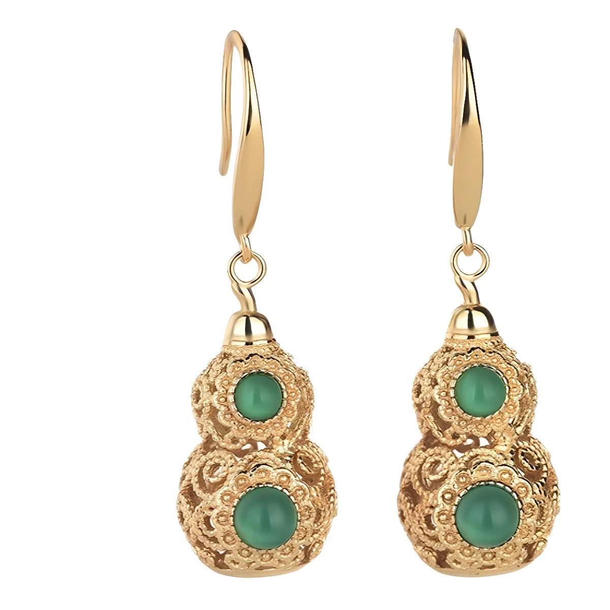 Wholesale gold plated craft hollow gourd chalcedony design retro earrings