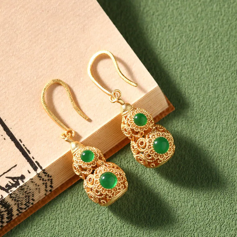 Wholesale gold plated craft hollow gourd chalcedony design retro earrings