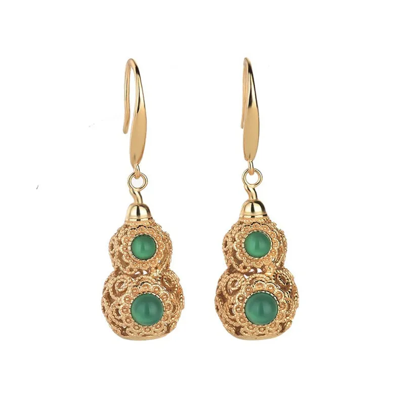 Wholesale gold plated craft hollow gourd chalcedony design retro earrings
