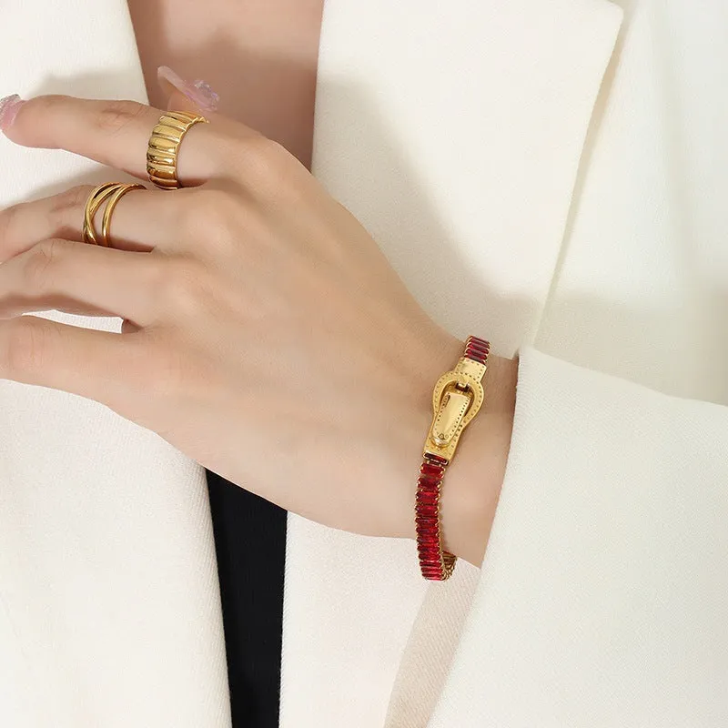 Wholesale gold-plated zircon double-sided iron buckle design titanium steel four-corner buckle bracelet
