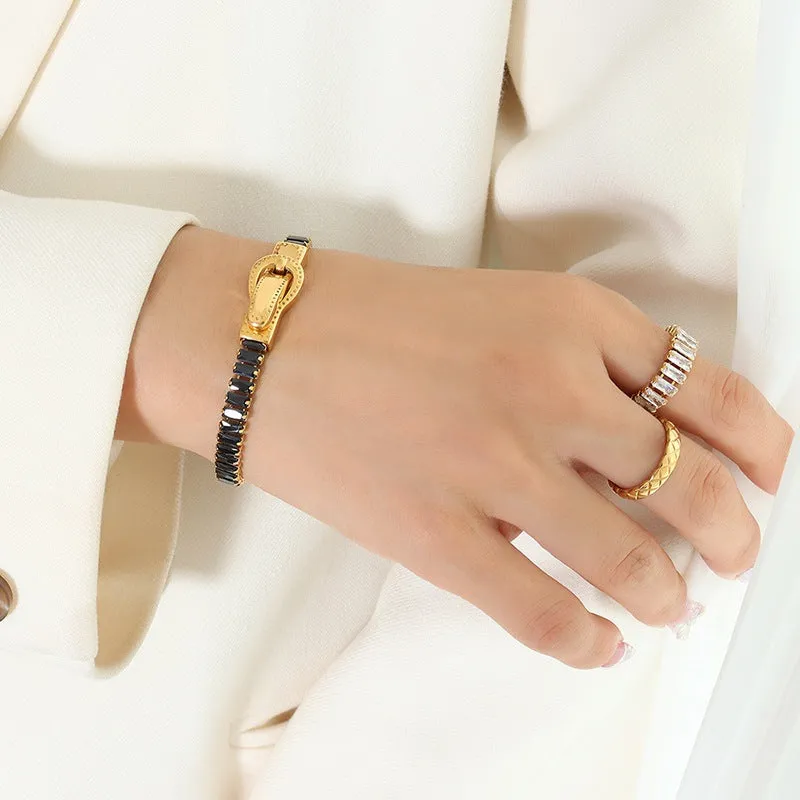 Wholesale gold-plated zircon double-sided iron buckle design titanium steel four-corner buckle bracelet