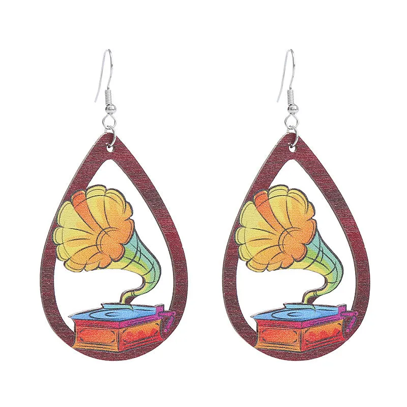 Wholesale Gramophone Guitar Harp Wooden Earrings
