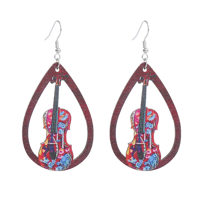 Wholesale Gramophone Guitar Harp Wooden Earrings