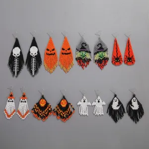 Wholesale Halloween Creative Skull Ghost Handmade Rice Bead Tassel Earrings