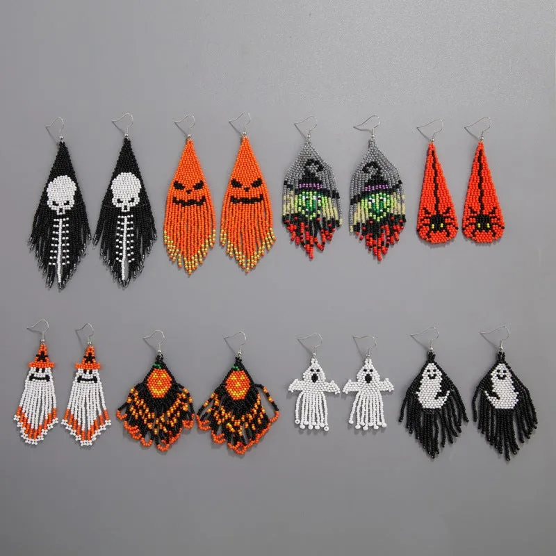 Wholesale Halloween Creative Skull Ghost Handmade Rice Bead Tassel Earrings