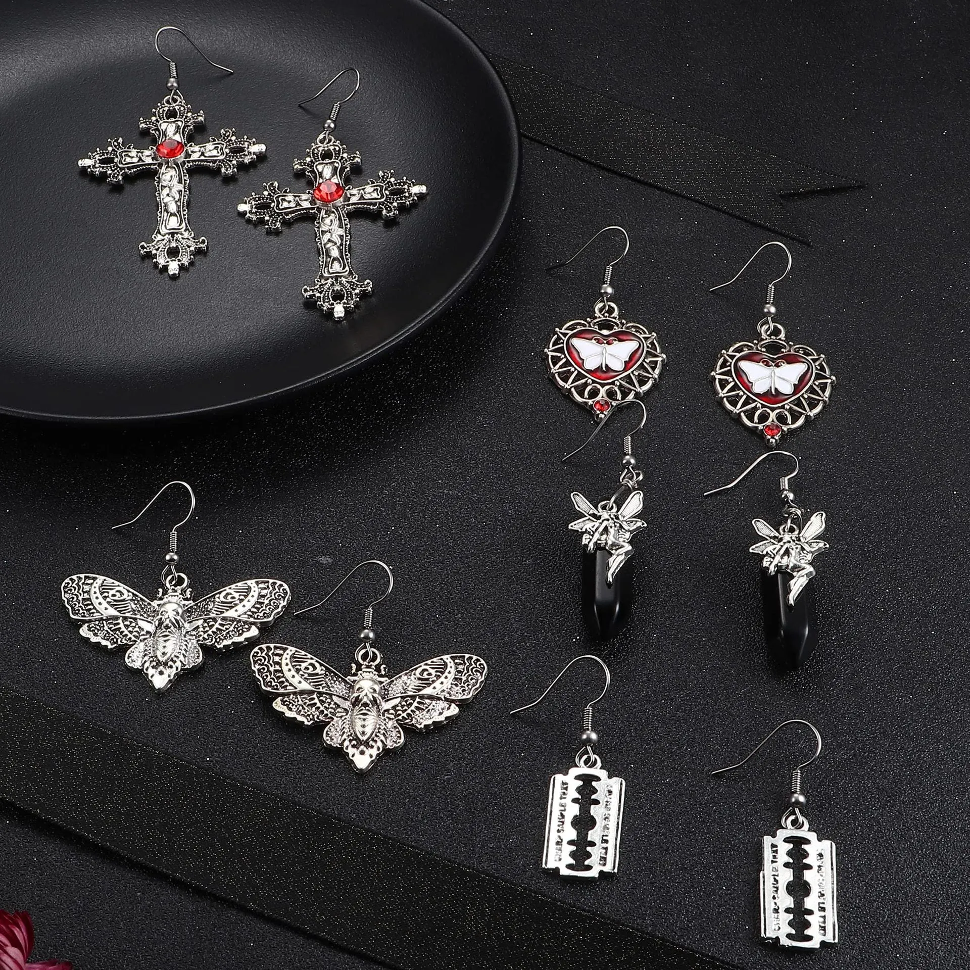 Wholesale Halloween Fashion Gothic Silver Vintage Skull Butterfly Earrings