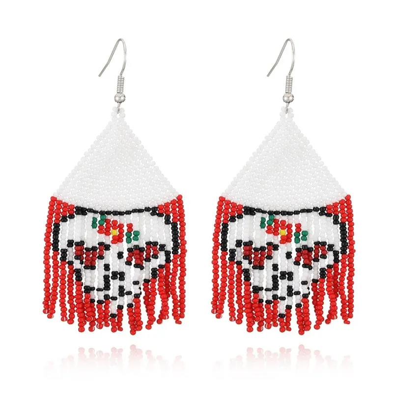 Wholesale Halloween Hand-woven Skull Pumpkin Tassel Rice Bead Earrings