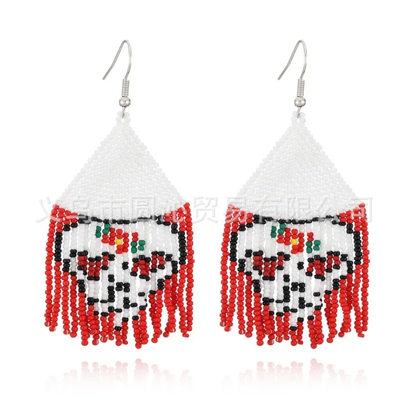 Wholesale Halloween Hand-woven Skull Pumpkin Tassel Rice Bead Earrings