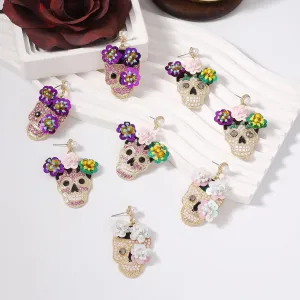 Wholesale Halloween Inlaid Zircon with Sequined Skull Earrings