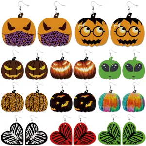 Wholesale Halloween Pumpkin Bat Alien Funny Heart Shape Leather Earrings