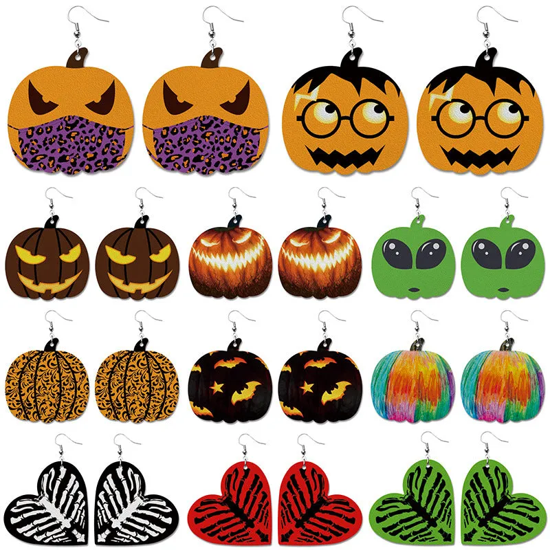 Wholesale Halloween Pumpkin Bat Alien Funny Heart Shape Leather Earrings