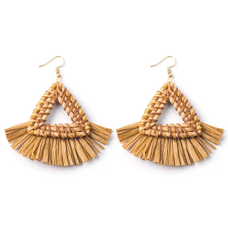 Wholesale Hand-woven Geometric Rattan Raffia Fan Earrings