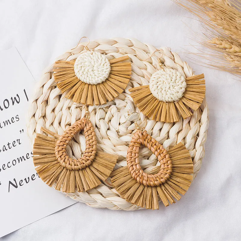 Wholesale Hand-woven Geometric Rattan Raffia Fan Earrings