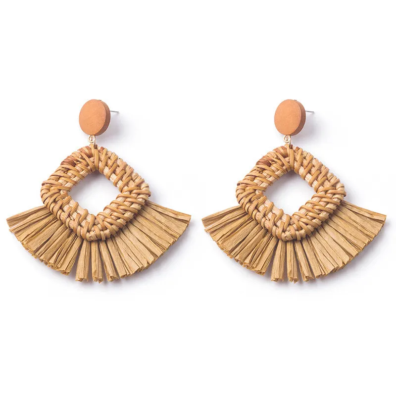 Wholesale Hand-woven Geometric Rattan Raffia Fan Earrings