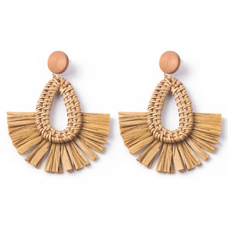 Wholesale Hand-woven Geometric Rattan Raffia Fan Earrings