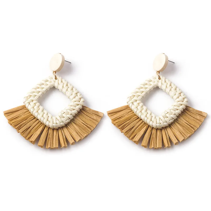 Wholesale Hand-woven Geometric Rattan Raffia Fan Earrings