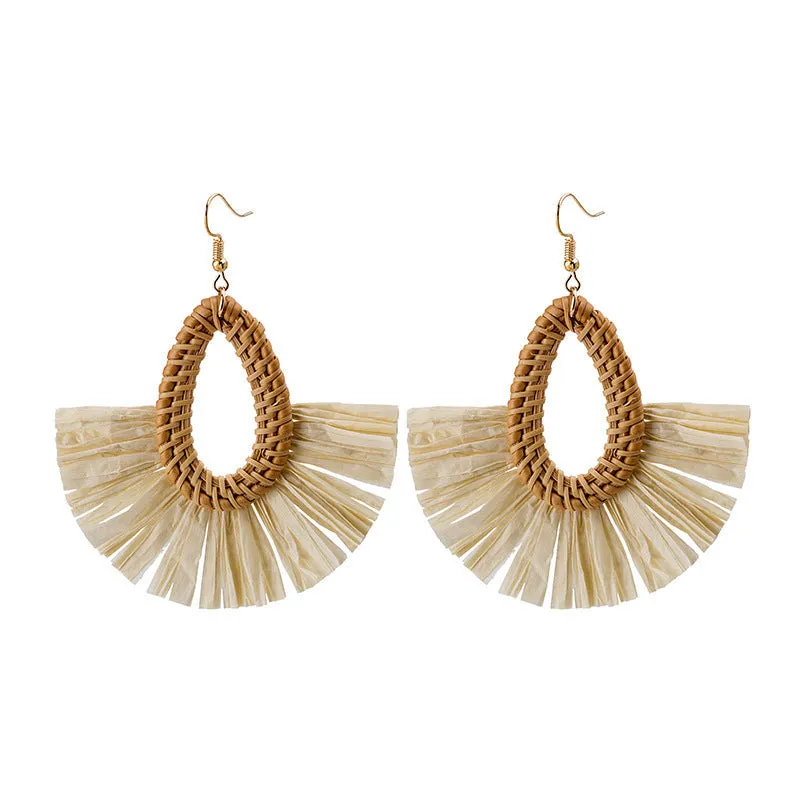 Wholesale Hand-woven Geometric Rattan Raffia Fan Earrings