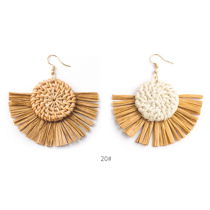 Wholesale Hand-woven Geometric Rattan Raffia Fan Earrings