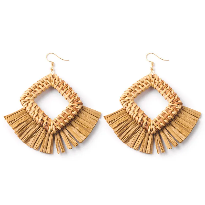 Wholesale Hand-woven Geometric Rattan Raffia Fan Earrings